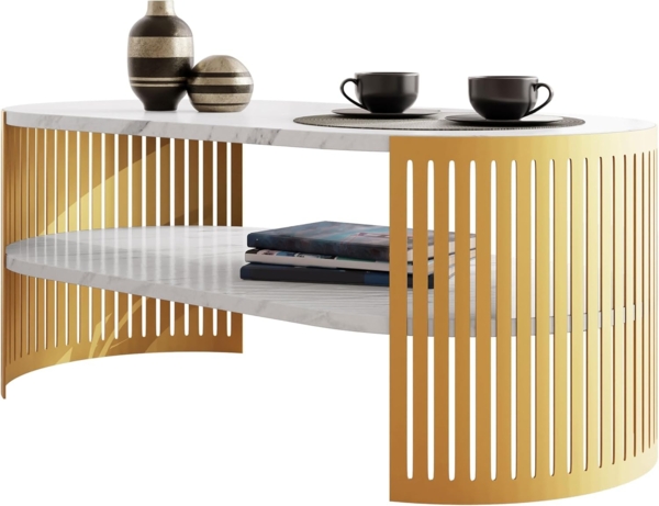 Couchtisch Fahugin Oval Gold I (Farbe: Gold / Bianco Marmor)