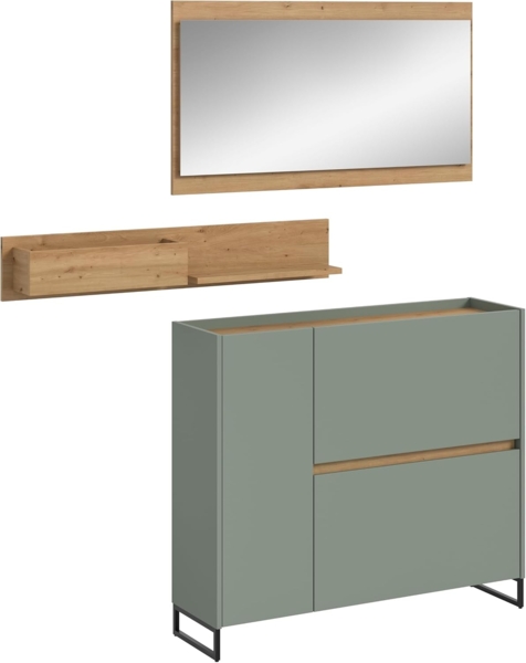 xonox. home – 3 teilige Garderobenkombination Drive 140 x 192 x 32 cm in Salbei und Artisan Oak Nachbildung – Set mit Spiegel, Regal & Schuhkommode – Moderne Garderobe für Diele & Eingangsbereich