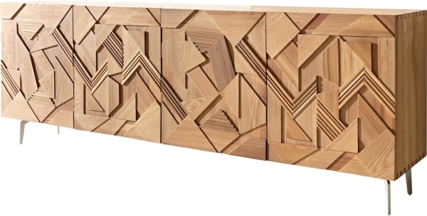 Sideboard Dareios 200 cm Ulme Natur 3D Effekt 4 Türen Winkelfuß Edelstahl