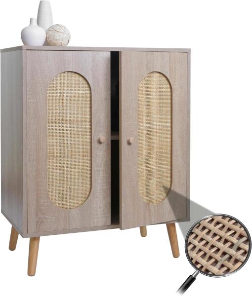 Kommode HWC-M35, Schrank Sideboard Highboard, Staufächer, Kubu Rattan Holz Melamin, Eiche-Optik