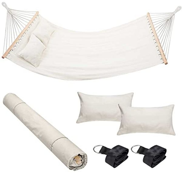 Bakaji Hängematte für den Garten, Doppelbett, 2 Sitzer, 232x148 cm, transparente Stangen aus Holz, Bezug aus Baumwolle mit 2 Kissen und Gurten, modernes Design, für Garten, Terrasse, Camping (Beige)