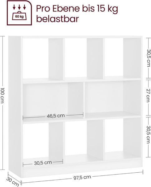 Vasagle Bücherregal mit offenen Fächern, weiß, 30 x 97,5 x 100 cm Bild 9