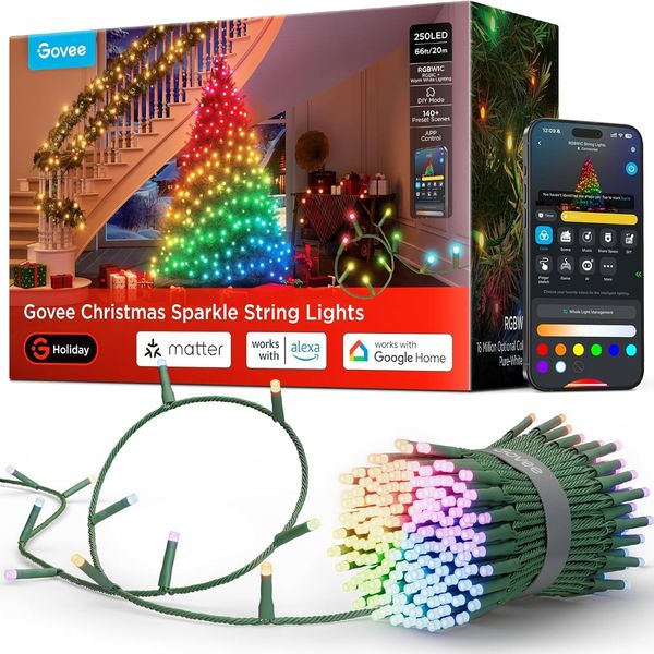 Govee Christmas Sparkle String Lights, Weihnachten Lichterkette für Innenräume, 20M RGBWIC-Leuchten mit 250 LEDs, 140+ Dynamische Szenenmodi für Weihnachtsdekorationen, APP-Steuerung mit Alexa