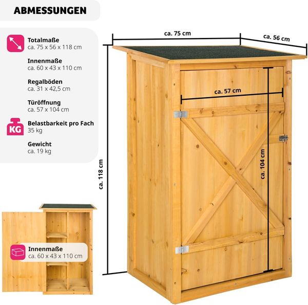 tectake Geräteschrank Gartenschrank mit Flachdach (Bausatz, 1-St, inkl. Schlüssel) aus imprägniertem Nadelholz Bild 3