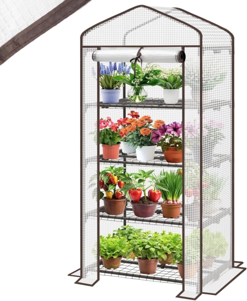 Sekey Mini Tomatengewächshaus mit 4 Regalböden, Folie Gewächshaus Klein Tomatenhaus Balkon Garten, Kleines Foliengewächshaus Stabil 160*70*50 cm, Weiß-Grün