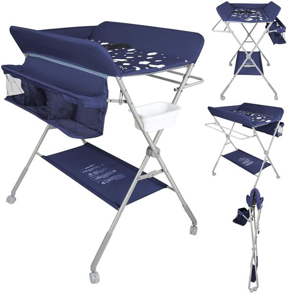 OHMG Baby Wickelkombi Klappbare Wickelkommode,Wickeltisch mit Rollen,Mobiler Wickeltisch mit Wickelauflage,Sicherheitsgurt und Ablagefächern,Wasserdicht und Höhenverstellbar,Stabil