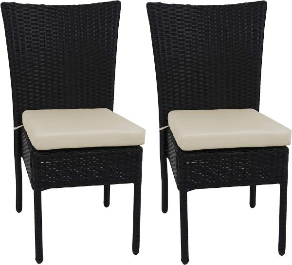 2er-Set Poly-Rattan Stuhl HWC-G19, Balkonstuhl Gartenstuhl, stapelbar ~ schwarz, Kissen creme