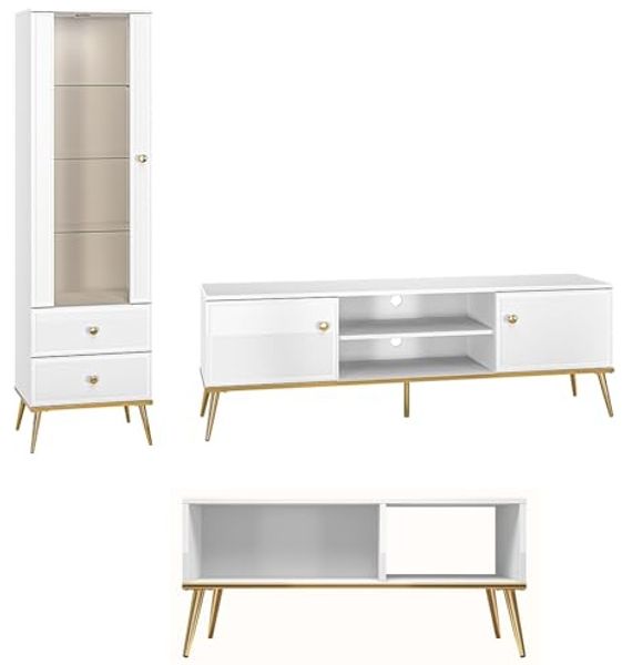 Wohnzimmer-Set Goldin 3tlg Wohwand Couchtisch weiß goldfarben / Front Hochglanz