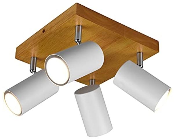 LED Deckenstrahler Weiß mit Holz 4-flammig, Quadrat 22cm