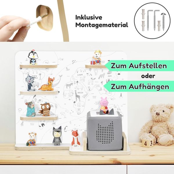 stadtecken Holzregal für Musikbox I Passend für die Toniebox und ca. 35 Tonies I Perfekte Aufbewahrung im Kinderzimmer I zum Aufstellen oder Aufhängen (Weltkarte) Bild 6