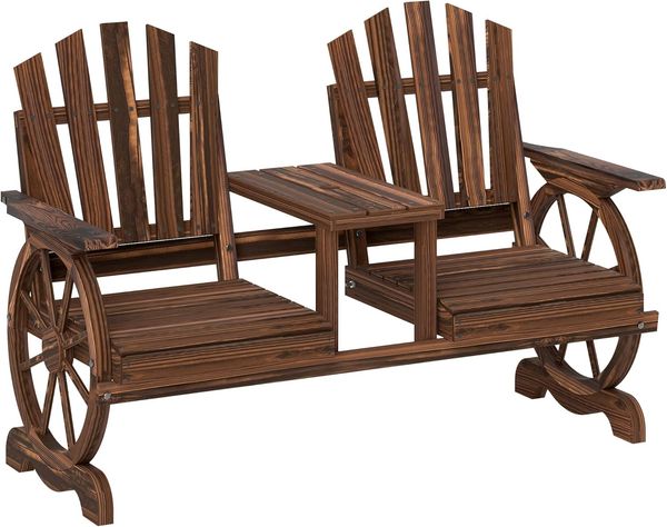 Outsunny Bank mit Schirmloch, Beine im Wagenradform, Tisch (2-Sitzer Gartenbank, 1-St, wetterfest Sitzbank aus Holz), 120kg belastbar, für Balkon, Garten, 154 x 65 x 102 cm Verkohlt
