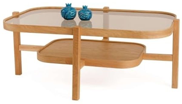 Elegant Coffee Table, 100% Solid Wood with 18mm Thickness, Tempered Glass Top, Oak Color, 110 x 70 x 48 cm | Perfect for Modern Living Rooms