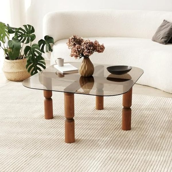 Hanah Home Elegant Coffee Table, 80 x 40 x 80 cm | 100% Tempered Glass & Solid Wood Frame | Walnut & Bronze Finish | Perfect for Modern Living Spaces