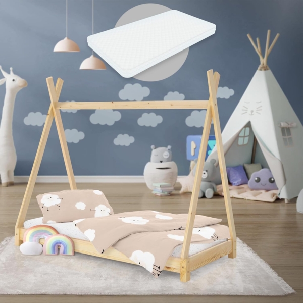 ML-DESIGN Kinderbett Hausbett Tipi Zeltbett inkl. Lattenrost Bodenbett Kinder Himmelbett, Abenteuerbett zum Spielen Zelt Spielbett Kiefer Bettenhaus Bett Natur