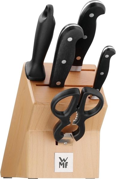 WMF Spitzenklasse Plus Messerblock mit Messerset, 6-teilig, 3 Messer geschmiedet, 1 Schere, 1 Wetzstahl, 1 Block aus Buchenholz, Performance Cut, Spezialklingenstahl