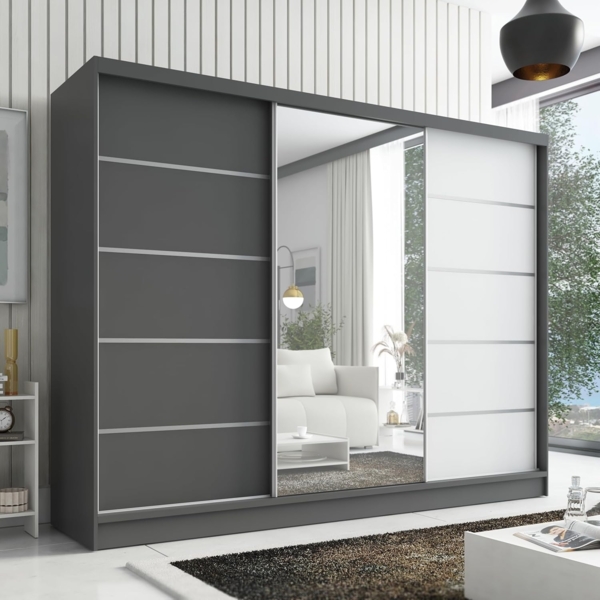 Schwebetürenschrank AVIRA 1 3-türig Schrank 200 cm (mit Spiegel) Farbe: Graphit , Weiß