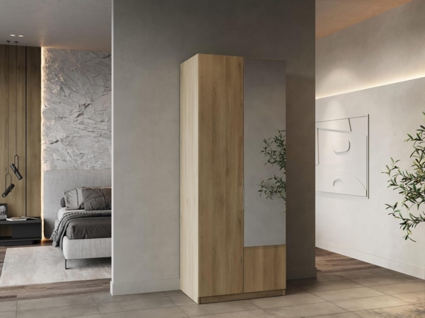 Demeyere 391389 Schrank mit Spiegel und Kleiderschrank 2 Türen 1 Nische Modern – Farbe Eiche Kronberg – 79,4 x 51,1 x 203 cm, Holzwerkstoff, grau Bild 3