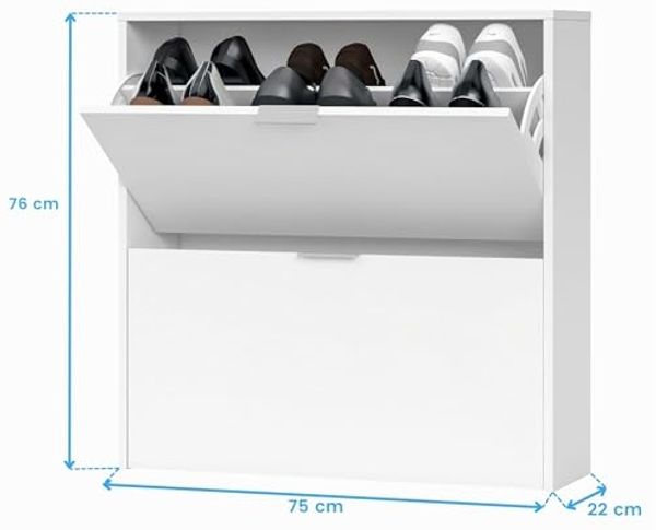 Schuhregal 2-türig, Schuhregal Schmal, Ausführung in Weiß, Maße: 75 cm (Breite) x 76 cm (Höhe) x 22 cm (Tiefe) Bild 3