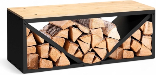 DanDiBo Kaminholzregal Innen mit Sitzbank Bank Metall Schwarz 96602 Brennholzregal Holzaufbewahrung Kaminholzständer Feuerholzregal