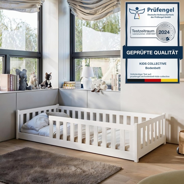 Kids Collective Kinderbett Bodenbett Bett mit Rausfallschutz & Lattenrost Montessori Bett Kinder (weitere Größen 90x200, 120x200, 140x200 cm), Jugendbett Einzelbett mit Matratze, weiß Kiefer 80 x 160 cm