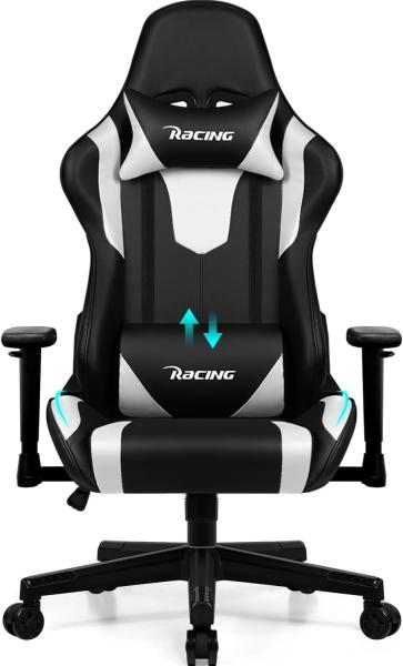 Homimaster Gaming Stuhl, Bürostuhl Ergonomisch mit verstellbare Lendenkissen, Kopfkissen und Armlehnen, Gaming Chair Gepolstert, Gamer Stuhl Wippfunktion, Gming Stuhl 150 kg Belastbarkeit