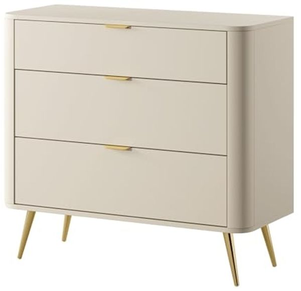 Selsey Kommode Weiß 84 x 93 x 38 cm - Elegante Schubladenkommode Mit Goldenen Metallfüßen - Ideal für Schlafzimmer/Wohnzimmer - 3 Schubladen Mit Kunststoffgleitern - Minimalistisches Design
