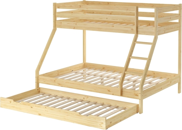 Doppel-Etagenbett 140x200 und 90x200 Erwachsenen-Stockbett Kiefer, Rollrost und Gästebettkasten inkl.