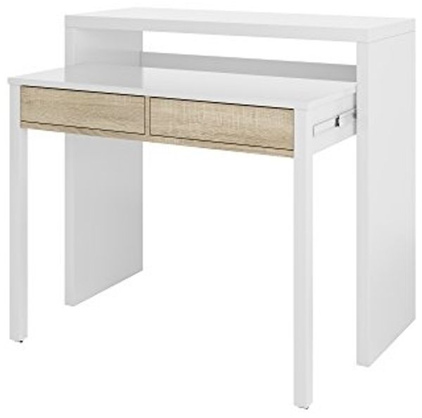 Ausziehbarer Konsolenschreibtisch mit zwei Schubladen, Eiche und weiße Farbe, Maße 98 x 87 x 36 cm (ausziehbar bis 66 cm)