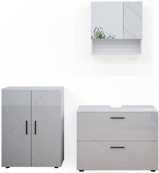Vicco Badezimmermöbel Irma modern Badezimmerschrank Badschrank Waschtischunterschrank Spiegelschrank Hochschrank Midischrank Hängeschrank Tür Schublade (Weiß Hochglanz, Badmöbelset 8)