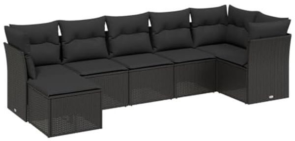 vidaXL 7-tlg. Garten-Sofagarnitur mit Kissen Schwarz Poly Rattan 3263191