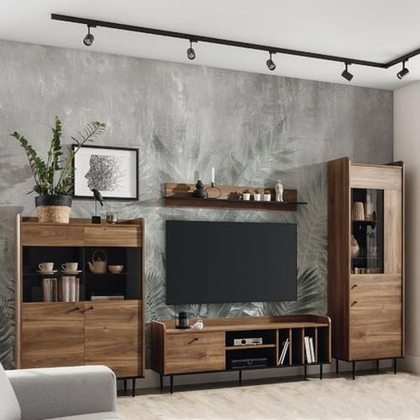 Lomadox Wohnzimmer-Set VAREDO-132, (Mega-Spar-Set, 4-St, 4-tlg), Eiche Nb. im Retro Stil mit Griffen und Füßen aus Metall 330/200/40 cm