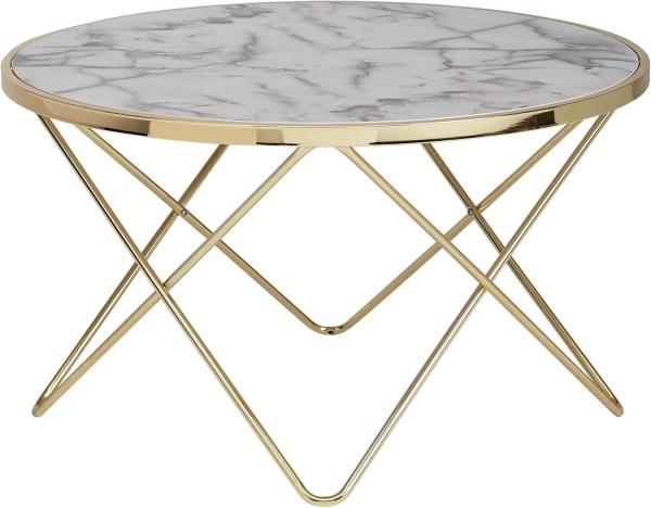 FineBuy Design-Couchtisch, Marmoroptik Weiß/Metall Gold, Ø 85 cm