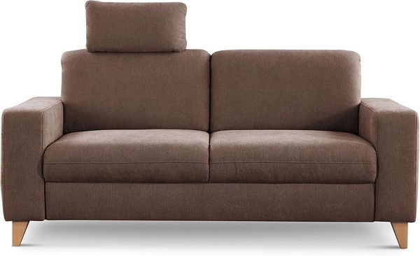 CAVADORE 2,5-Sitzer Sofa Lotta / Skandinavische 2,5er-Couch mit Federkern, Kopfstütze und Holzfüßen / 183 x 88 x 88 / Webstoff, Braun