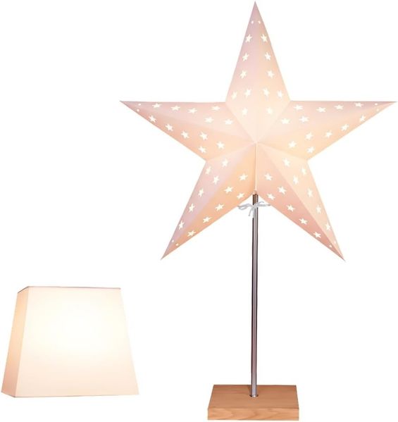 EGLO Tischlampe mit Wechselschirm, 3D Papierstern Weihnachten oder eckiger Lampenschirm in Weiß mit Fuß aus Holz und Metall, Dekostern Tischleuchte mit Kabelschalter, E14, Höhe 65 cm