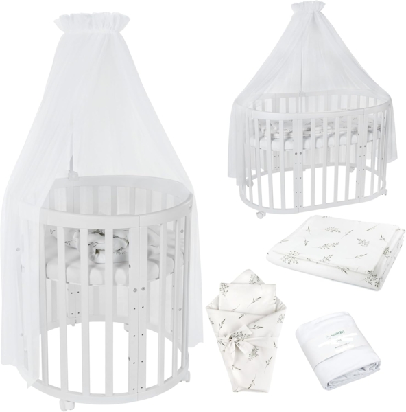 Waldin Oval Baby-Bett Mitwachsend Komplett Set 7in1, Gitterbett, Kinderbett mit Matratze, Wickelkommode, Beistellbett, Holz Weiß, Stoffe Weiß Zweige