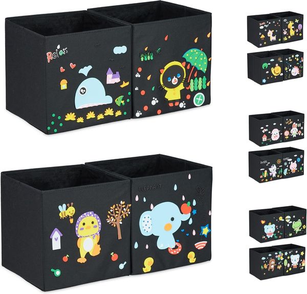 Relaxdays Aufbewahrungsboxen Kinder, 4er Set, DIY Schaumstoff-Sticker, Spielkiste verzieren, Design C, 31 x 31 x 31 cm, bunt