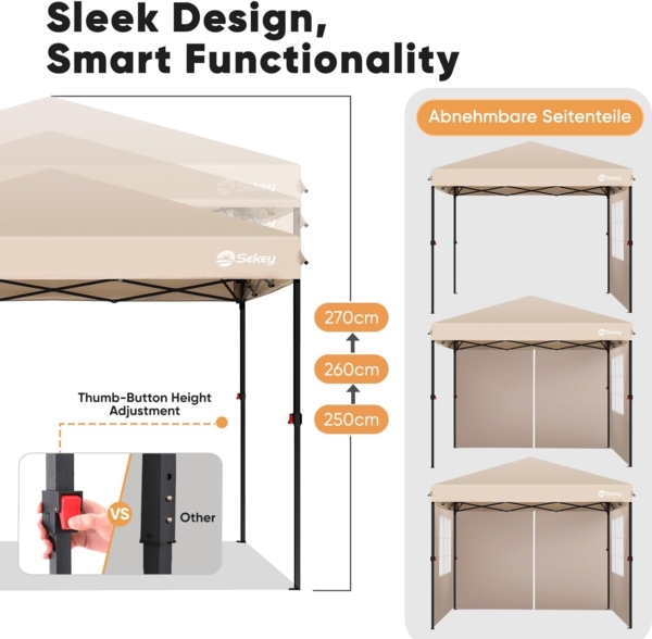 Sekey Pavillon 3x3 mit 4 Seitenteile, Faltpavillon Wasserdicht Stabil Winterfest, Pop Up Pavillon Faltbar für Camping, Festival, Events, Picknicks, Partyzelt Gartenzelt mit 4 Sandsäcke, Khaki Bild 6