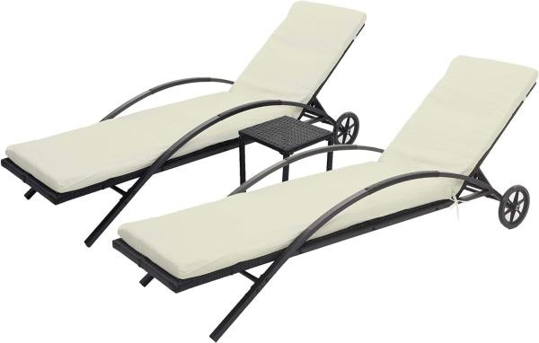 2er-Set Sonnenliege HWC-E27, Relaxliege Gartenliege, Poly-Rattan ~ schwarz, Kissen creme-beige