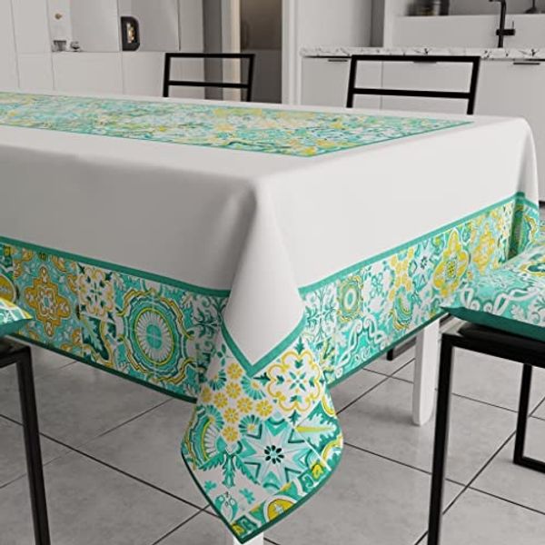 PETTI Artigiani Italiani - Tischdecke, schmutzabweisend, rechteckig, für Küchentisch, geometrisches Design, Vietri Grün, Wassergrün, X18, Sitzer (140x360 cm), 100% Made in Italy