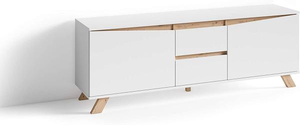 byLIVING TV-Board VALENTIN / Lowboard matt weiß mit Absetzung in Eiche-Optik / Fernsehtisch mit 2 Türen und 2 Schubkästen / Fernsehschrank im Scandi-Style / Grifflos / B 160, H 60, T 38 cm