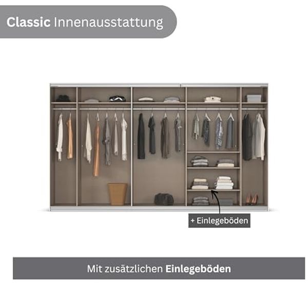 Rauch Möbel Kulmbach, Kleiderschrank mit Schwebetüren für Schlafzimmer, Kinderzimmer, Jugendzimmer, Garderobe, Flur, 3-türig, mit Spiegel, Zubehör Classic, Farbe Grau metallic, Schwarz, Breite 360 cm Bild 7