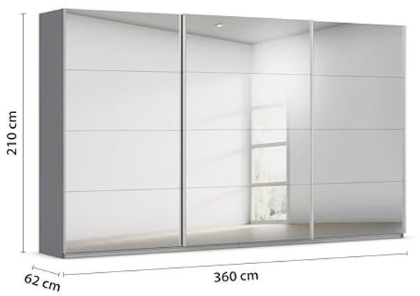 Rauch Möbel Kulmbach, Kleiderschrank mit Schwebetüren für Schlafzimmer, Kinderzimmer, Jugendzimmer, Garderobe, Flur, 3-türig, mit Spiegel, Zubehör Classic, Farbe Grau metallic, Schwarz, Breite 360 cm Bild 3