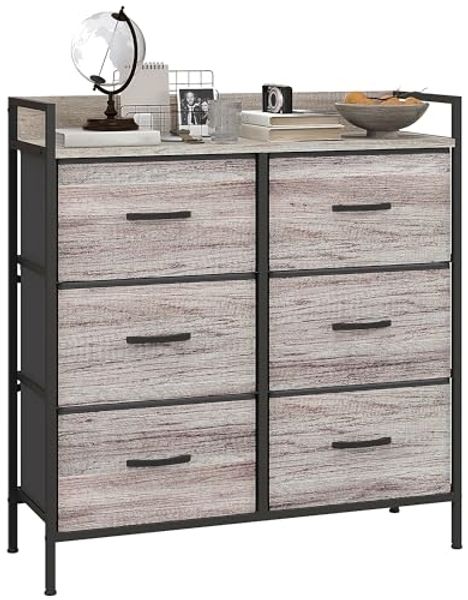 HOMCOM Kommode Stoffkommode mit 6 Schubladen (Schubladenschrank mit Regal und Stahlrahmen, 1 St, für Wohnzimmer, Schlafzimmer), graue Holzoptik