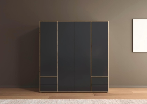 Rauch Möbel Nabila Kleiderschrank für Schlafzimmer, Kinderzimmer, Jugendzimmer, 4-türig, 4 Schubladen, Push-to-Open, Zubehör Premium, Farbe Grau metallic, Schwarz/Eiche Artisan, Holz, Breite 187cm Bild 2