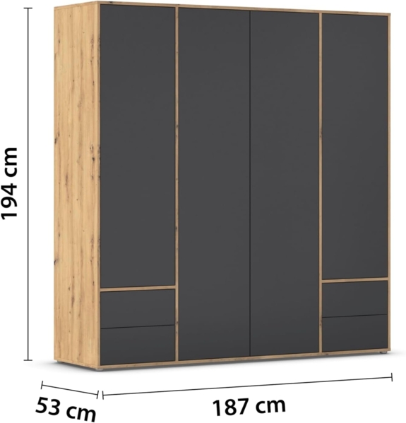 Rauch Möbel Nabila Kleiderschrank für Schlafzimmer, Kinderzimmer, Jugendzimmer, 4-türig, 4 Schubladen, Push-to-Open, Zubehör Premium, Farbe Grau metallic, Schwarz/Eiche Artisan, Holz, Breite 187cm Bild 3
