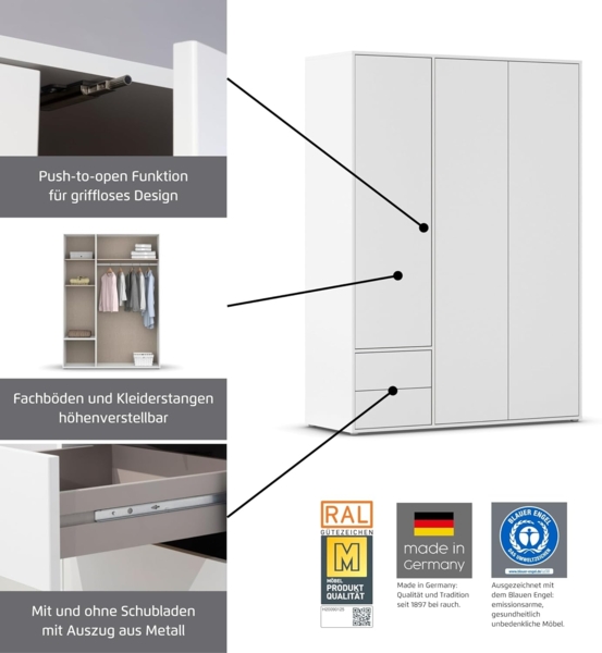 Rauch Möbel Nabila Kleiderschrank für Schlafzimmer, Kinderzimmer, Jugendzimmer, 4-türig, 4 Schubladen, Push-to-Open, Zubehör Premium, Farbe Grau metallic, Schwarz/Eiche Artisan, Holz, Breite 187cm Bild 5