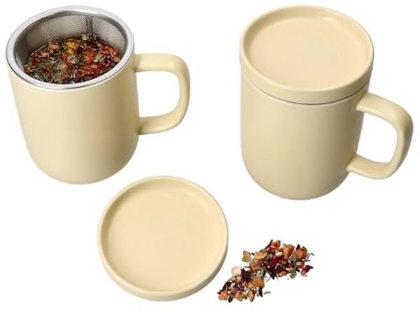 Ritzenhoff & Breker Becher Ritzenhoff 2x Jasper Vanille Teebecher mit Teesieb & Deckel 300ml, Steingut