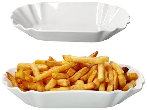 MamboCat Servierschale 2x Fries Pommesschale oval weiß Currywurst-Schale Porzellan, Porzellan