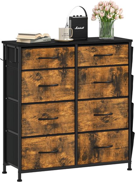 DWVO Kommode mit 8 Schubladen, langlebiger Schrank mit Haken & Seitentaschen, Stoffschubladen mit Griffen, Robustes Metallgestell, Rustikal Braun