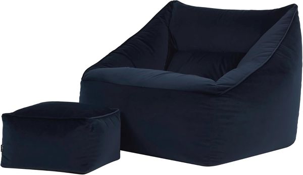 Icon Natalia Sitzsack Sessel mit Hocker für Erwachsene, Dunkelblau, Flauschiger Samtstoff, Riesen Sitzsack Samt mit Füllung, Bean Bag Chair, Bequemer Sessel Wohnzimmer, Lounge, Schlafzimmer, Büro